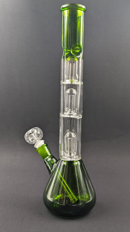 14" Glass Water Pipe Bong Green Triple Perc + 5 FREE Screens