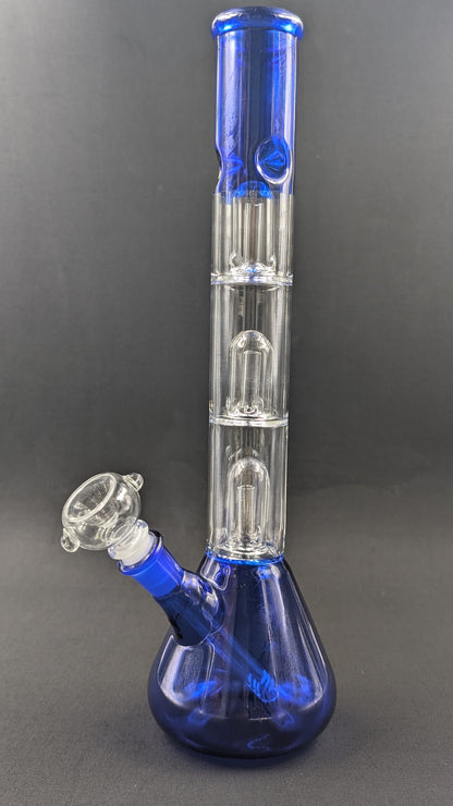 14" Glass Water Pipe Bong Blue Triple Perc + 5 FREE Screens