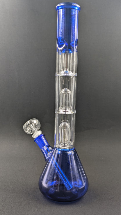 14" Glass Water Pipe Bong Blue Triple Perc + 5 FREE Screens