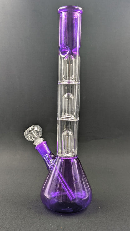 14" Glass Water Pipe Bong Purple Triple Perc + 5 FREE Screens